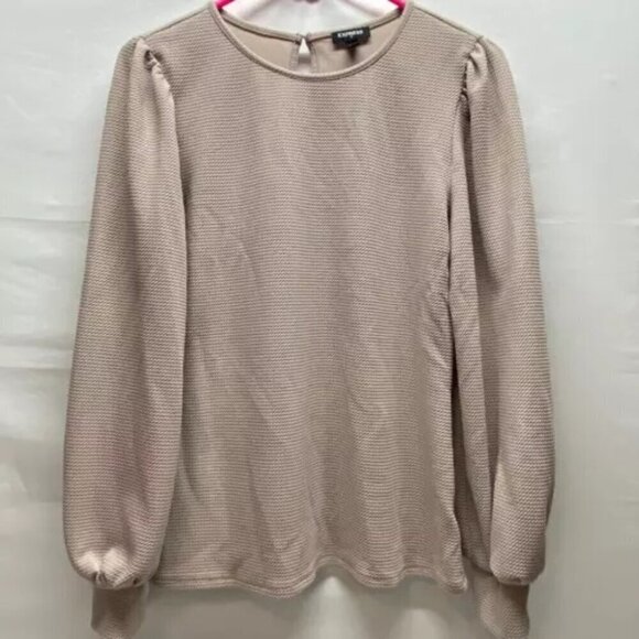 Express Ladies Waffle Knit Blouse Tan Medium Long Sleeve Office Wear Career Top - Picture 2 of 10